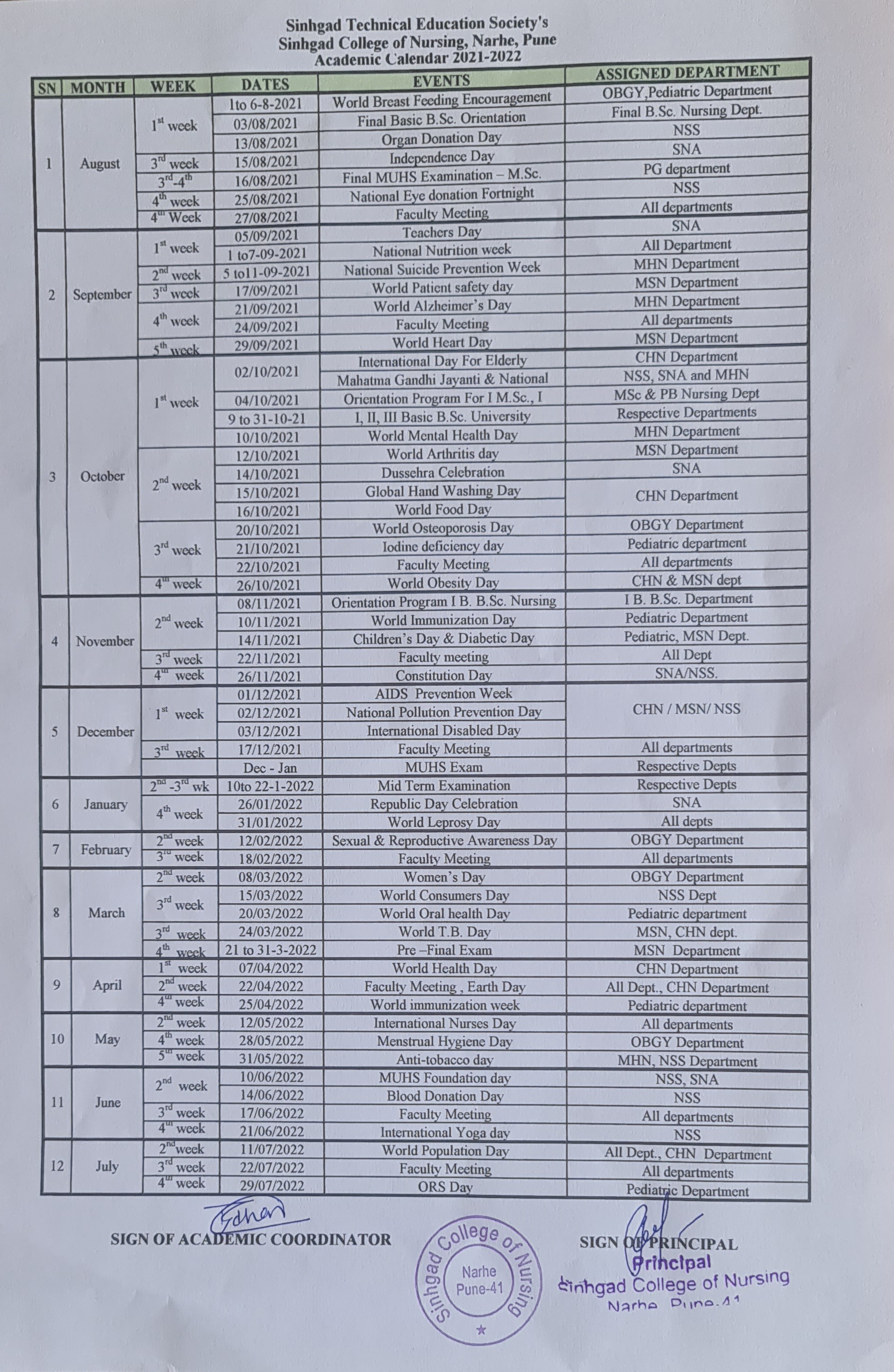 Academic Calendar